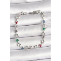 Pirinç Gümüş Renk Renkli Zirkon Taşlı Yıldız Model Kadın Bileklik