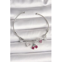 Pirinç Gümüş Renk Sallantı Kiraz Figür Kalp Detay Charm Kadın Bileklik