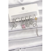 Pirinç Gümüş Renk Sallantı Kurdele Kuyruklu Yıldız Figür Pembe Kare Zirkon Taş Detay Kadın Küpe Seti