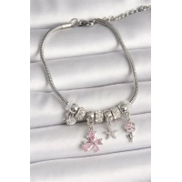 Pirinç Gümüş Renk Sallantı Pembe Zirkon Taşlı Kelebek Figür Çiçek Detay Charm Kadın Bileklik