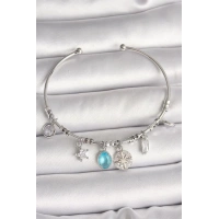 Pirinç Gümüş Renk Sallantı Pusula Figür Kalp Detay Charm Kadın Bileklik