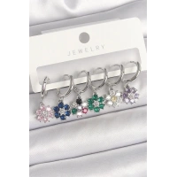 Pirinç Gümüş Renk Sallantı Renkli Zirkon Taşlı Çiçek Model Kadın Küpe Seti