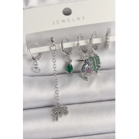 Pirinç Gümüş Renk Sallantı Zirkon Taşlı Ağaç Figür Çoklu Kadın Küpe Seti