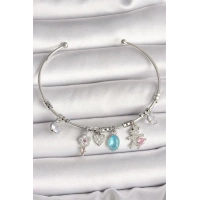 Pirinç Gümüş Renk Sallantı Zirkon Taşlı Ayıcık Figür Çiçek Detay Charm Kadın Bileklik