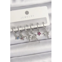 Pirinç Gümüş Renk Sallantı Zirkon Taşlı Deve Kuşu Figür Çoklu Kadın Küpe Seti