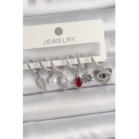 Pirinç Gümüş Renk Sallantı Zirkon Taşlı Fatma Ana El Figür Kadın Küpe Seti