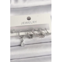 Pirinç Gümüş Renk Sallantı Zirkon Taşlı Halka Model Damla Taş Detay Kadın Küpe Seti