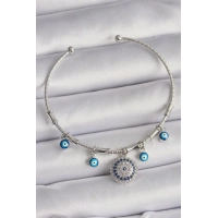 Pirinç Gümüş Renk Sallantı Zirkon Taşlı Nazar Boncuk Figür Charm Bileklik