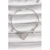 Pirinç Gümüş Renk Sallantı Zirkon Taşlı Yonca Figür Charm Kadın Bileklik