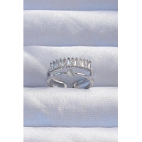 Pirinç Gümüş Renk Sedefli Zirkon Taşlı Su Yolu Model 2li Görünüm Ayarlanabilir Yüzük