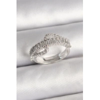 Pirinç Gümüş Renk Su Yolu Zirkon Taşlı Ayarlanabilir Model Kadın Yüzük