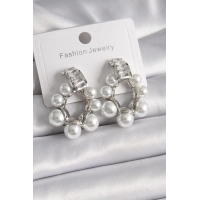 Pirinç Gümüş Renk Su Yolu Zirkon Taşlı İncili Halka Model Kadın Küpe