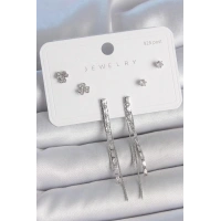 Pirinç Gümüş Renk Su Yolu Zirkon Taşlı Sallantı Model Çiçek Detay 925 Ayar Gümüş Çivi Kadın Küpe Seti