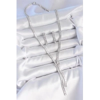 Pirinç Gümüş Renk Su Yolu Zirkon Taşlı VIP Seri Kadın Kolye Seti