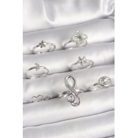 Pirinç Gümüş Renk Yonca Figür Sonsuzluk Zirkon Taşlı Kalp Detay Kadın Yüzük Kombini