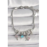 Pirinç Gümüş Renk Zincir Sallantı Zirkon Taşlı Ayıcık Figür Çiçek Detay Kadın Bileklik