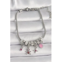 Pirinç Gümüş Renk Zincir Sallantı Zirkon Taşlı Ayıcık Figür Yıldız Detay Kadın Bileklik