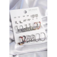 Pirinç Gümüş Renk Zirkon Taş Detaylı 12 Çift Kadın Küpe