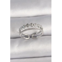 Pirinç Gümüş Renk Zirkon Taş Detaylı Ayarlanabilir Kadın Yüzük