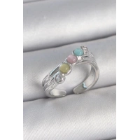 Pirinç Gümüş Renk Zirkon Taş Detaylı Renkli Mineli Ayarlanabilir Kadın Yüzük