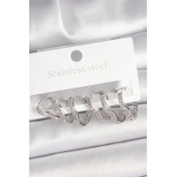 Pirinç Gümüş Renk Zirkon Taşlı 3 Çift Kalp Model Kadın Küpe