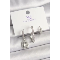 Pirinç Gümüş Renk Zirkon Taşlı Baget Halka Model 3Lü Kadın Kombin Küpe