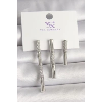 Pirinç Gümüş Renk Zirkon Taşlı Bambu Model 3Lü Kadın Kombin Küpe