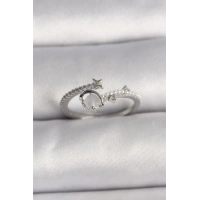 Pirinç Gümüş Renk Zirkon Taşlı Beyaz Mineli Yıldız Detay Ayarlanabilir Kadın Yüzük