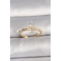 Pirinç Gümüş Renk Zirkon Taşlı Beyaz Mineli Yonca Model İnci Detay Ayarlanabilir Yüzük