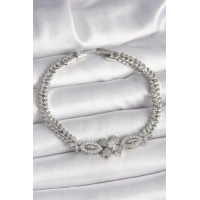 Pirinç Gümüş Renk Zirkon Taşlı Çiçek Figür Arpa Zincir Model Kadın Bileklik