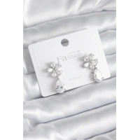 Pirinç Gümüş Renk Zirkon Taşlı Çiçek Model Damla Model Kadın Küpe