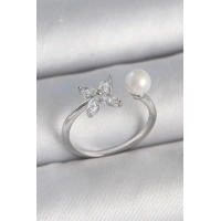 Pirinç Gümüş Renk Zirkon Taşlı Çiçek Model İnci Detay Ayarlanabilir Kadın Yüzük