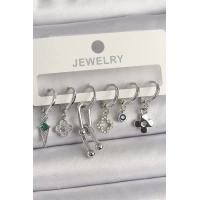 Pirinç Gümüş Renk Zirkon Taşlı Çoklu Figür Kadın Küpe Seti