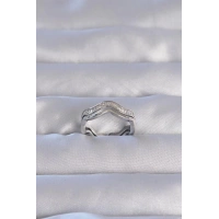 Pirinç Gümüş Renk Zirkon Taşlı Dalgalı Su Yolu Model Ayarlanabilir Yüzük