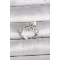 Pirinç Gümüş Renk Zirkon Taşlı Deniz Yıldızı Model İnci Detay Ayarlanabilir Yüzük