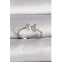 Pirinç Gümüş Renk Zirkon Taşlı Fiyonk İnci Detay Ayarlanabilir Yüzük