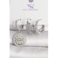 Pirinç Gümüş Renk Zirkon Taşlı Göz İşlemeli Halka Model 3Lü Kadın Kombin Küpe