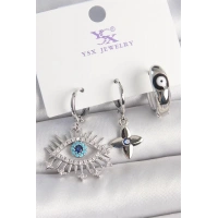 Pirinç Gümüş Renk Zirkon Taşlı Göz Model Nazar Boncuk Detay 3Lü Kadın Kombin Küpe