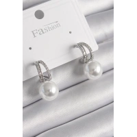 Pirinç Gümüş Renk Zirkon Taşlı Halka İnci Detay Kadın Küpe