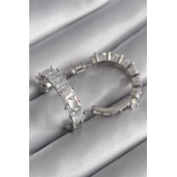 Pirinç Gümüş Renk Zirkon Taşlı Halka Model Kadın Küpe