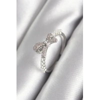 Pirinç Gümüş Renk Zirkon Taşlı İnci Detay Kadın Yüzük