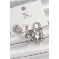 Pirinç Gümüş Renk Zirkon Taşlı Kalp Figür Renkli Taş Detay 3Lü Kadın Kombin Küpe