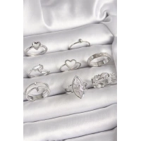 Pirinç Gümüş Renk Zirkon Taşlı Kalp Kutup Yıldız Figür Kadın Yüzük Kombini