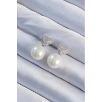 Pirinç Gümüş Renk Zirkon Taşlı Kalp Model İnci Tasarım Kadın Küpe