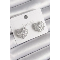 Pirinç Gümüş Renk Zirkon Taşlı Kalp Model Kadın Küpe