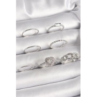 Pirinç Gümüş Renk Zirkon Taşlı Kalp Model Kadın Yüzük Kombini