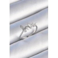 Pirinç Gümüş Renk Zirkon Taşlı Kalp Yaprak Model İnci Detay Kadın Yüzük