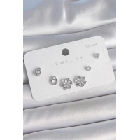 Pirinç Gümüş Renk Zirkon Taşlı Kar Tanesi Model 925 Ayar Gümüş Çivi Kadın Küpe Seti