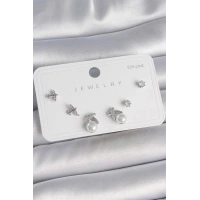 Pirinç Gümüş Renk Zirkon Taşlı Kelebek Model İnci Detay 925 Ayar Gümüş Çivi Kadın Küpe Seti