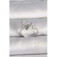 Pirinç Gümüş Renk Zirkon Taşlı Kelebek Model İnci Detay Ayarlanabilir Yüzük